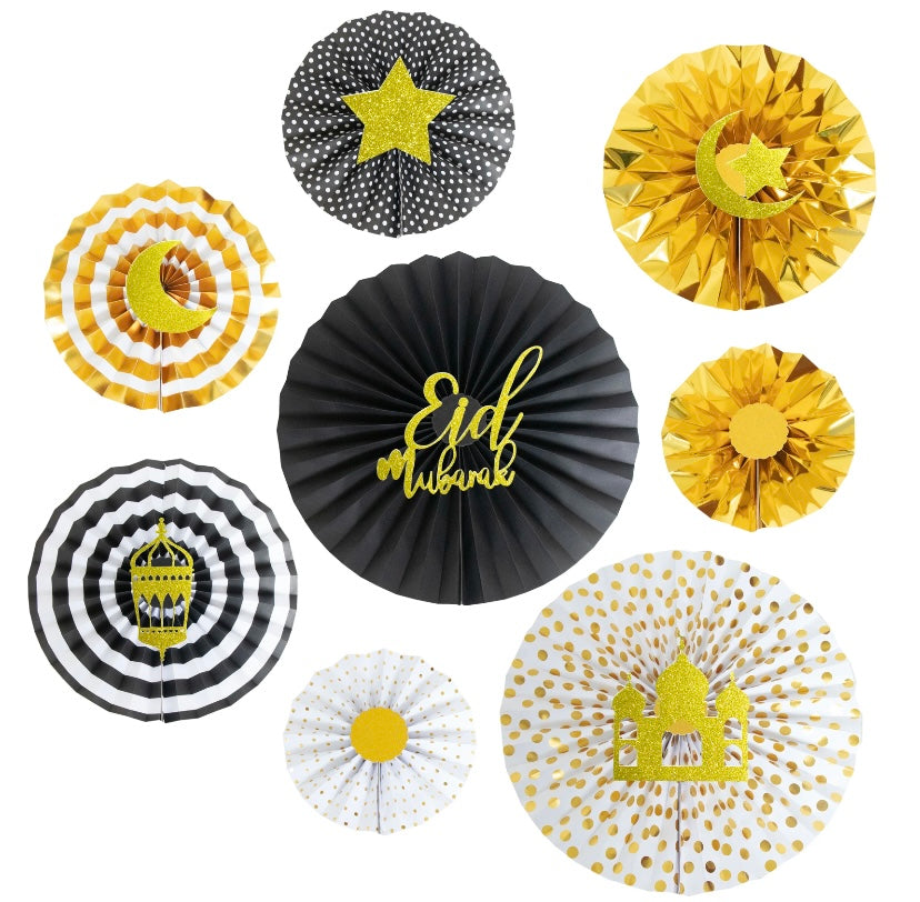 Eid Mubarak paper fans - Black and Gold
